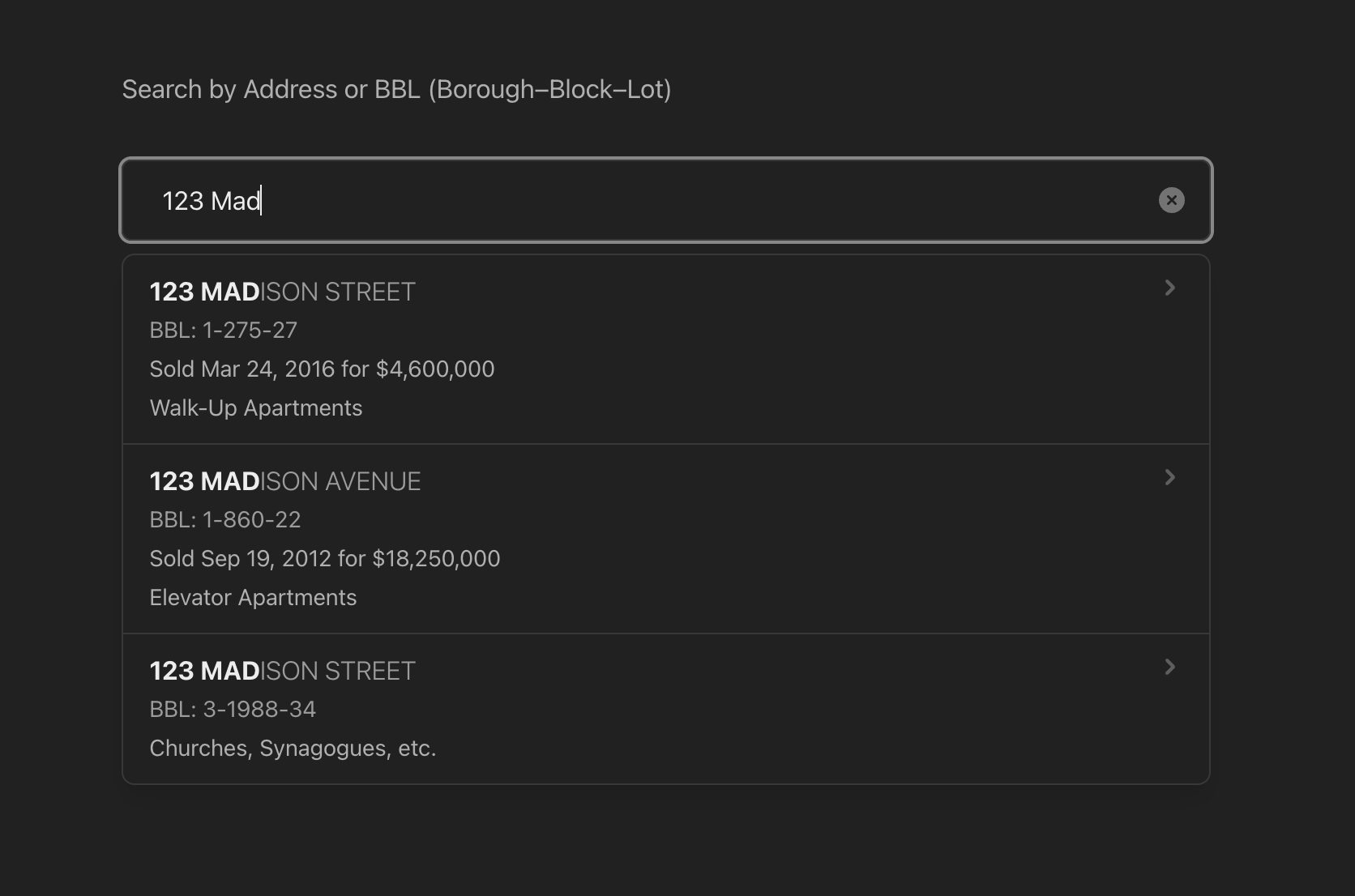 Smart autocomplete search showing instant property suggestions with BBL and address matching, including AKA addresses and transaction previews
