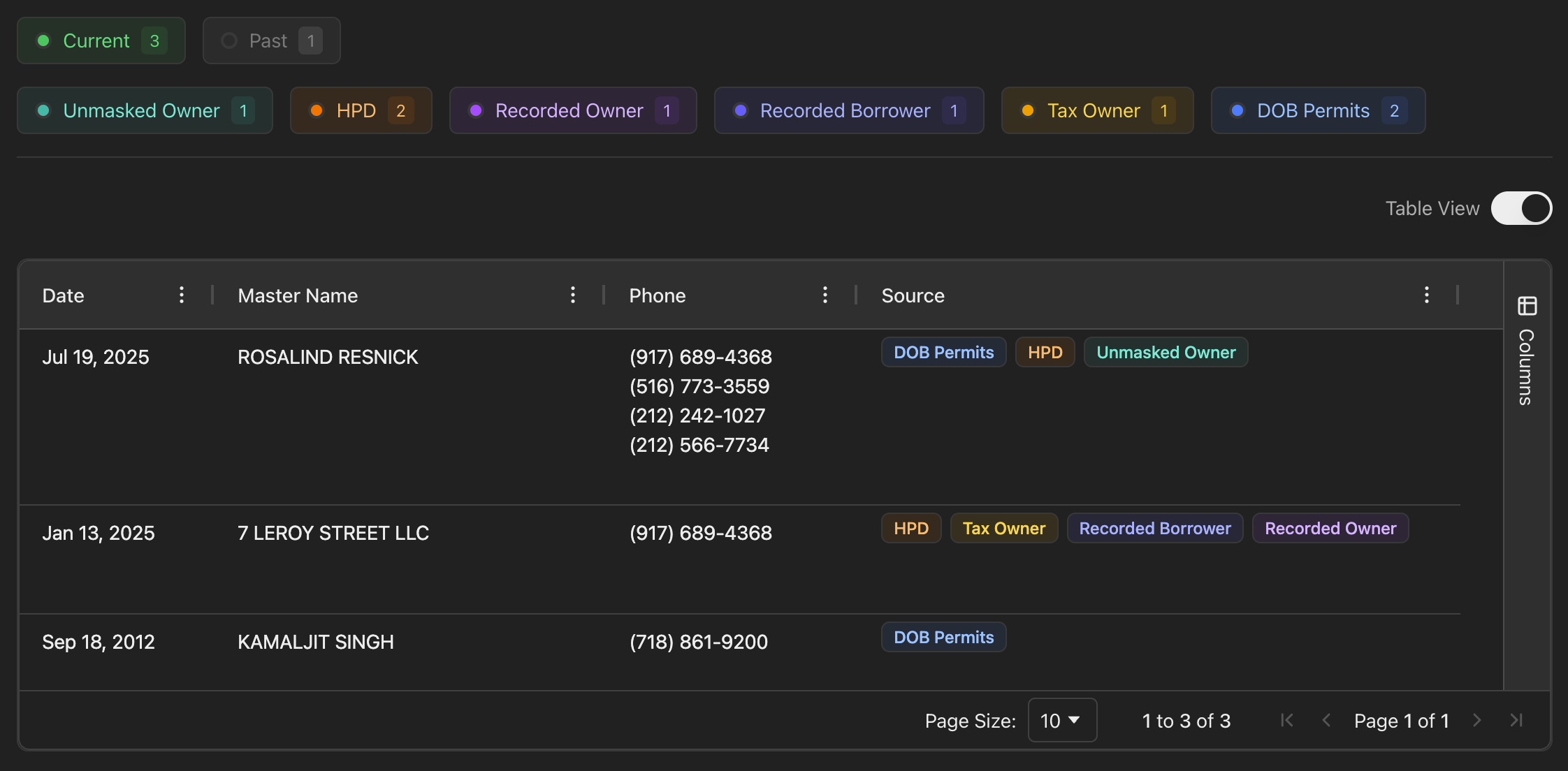 Contacts page revealing unmasked owners extracted from mortgage documents with phone numbers and addresses, aggregated from HPD, tax records, and ACRIS databases