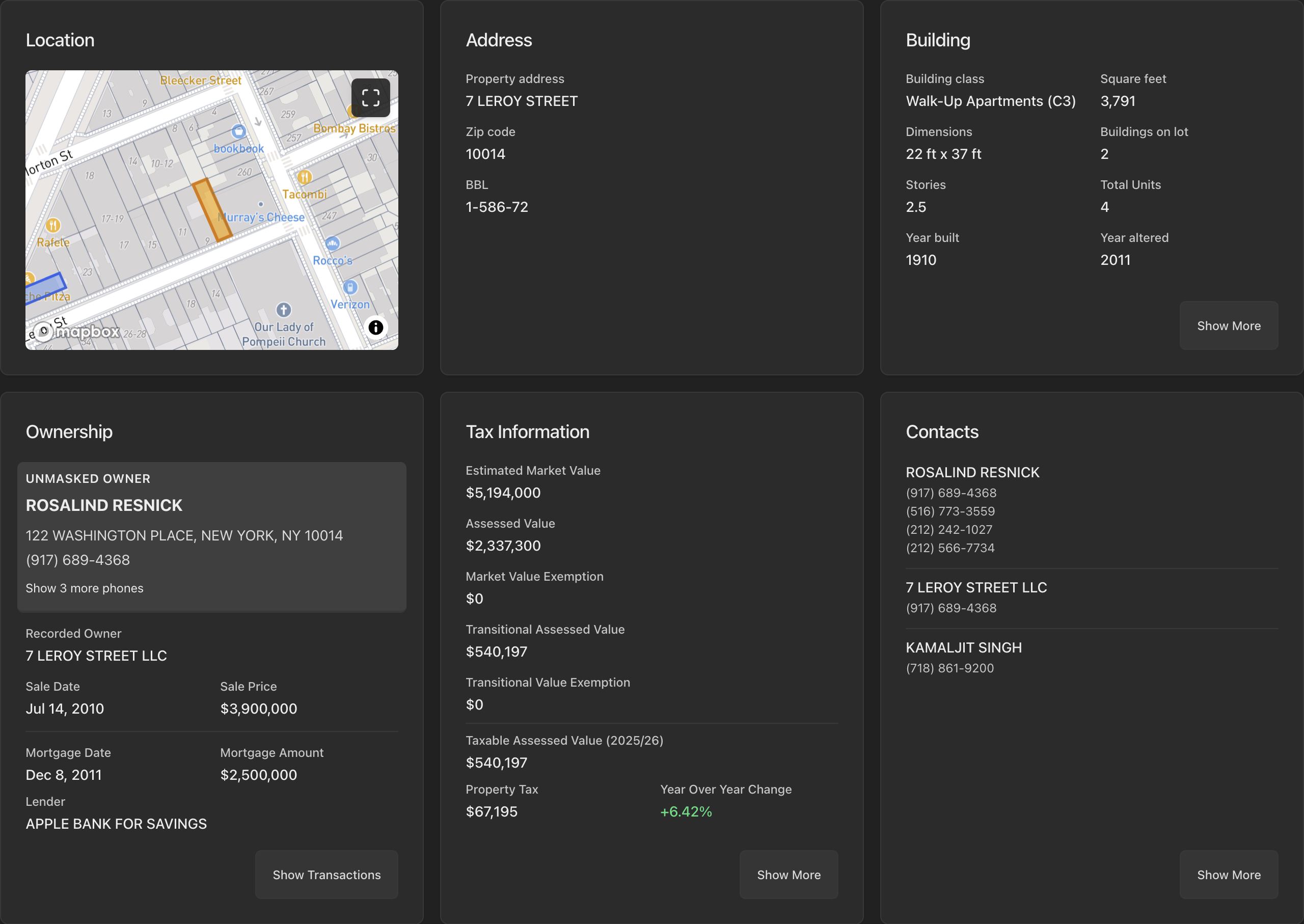 Property overview panel showing building details, ownership, tax assessment, and contacts for 7 Leroy Street including interactive map and comprehensive data cards