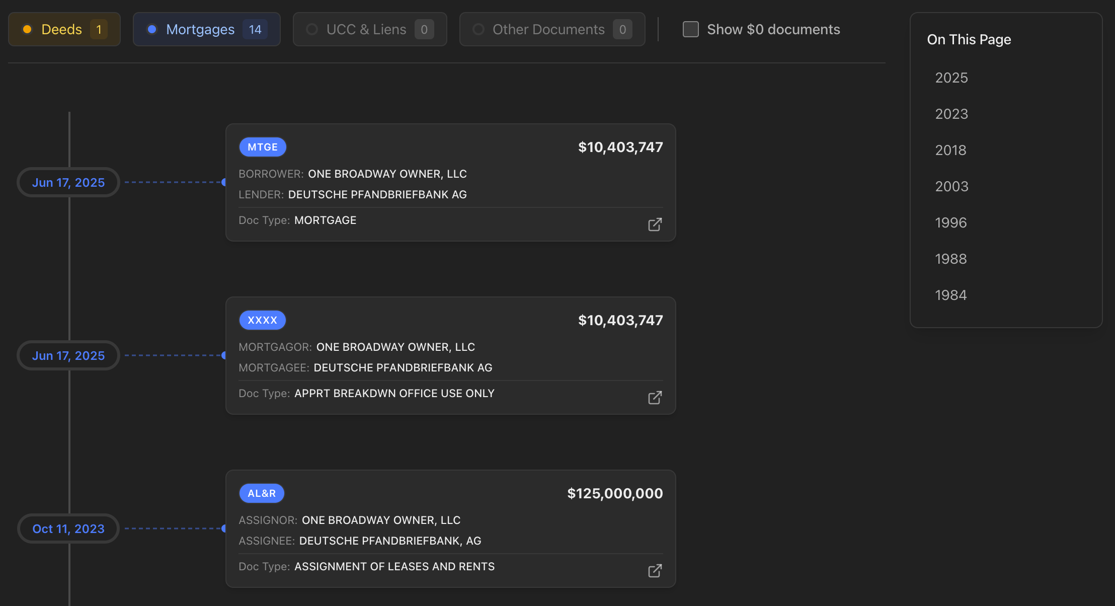Interactive transaction timeline with filtering showing deeds, mortgages, and assignments for 7 Leroy Street with complete party details and document links